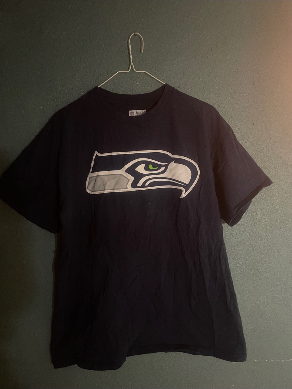 NFL Seattle Seahawks Navy and White Logo Tee with Green Accent